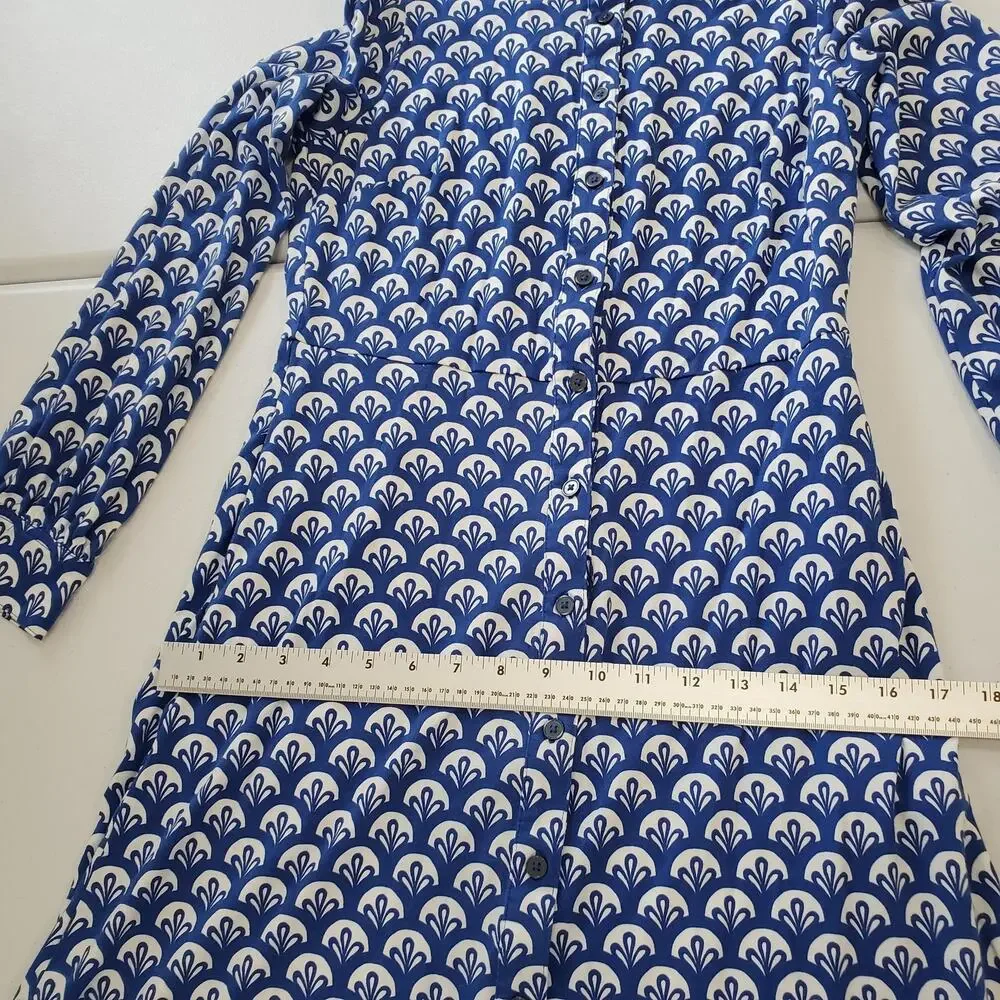 Boden Dress Womens 4 Blue White Button Front Long Sleeve A-Line Scallop Print - Picture 6 of 12
